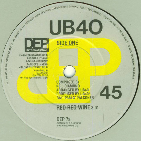 UB40 ‎– Red Red Wine - Vinyl 7", Single, 45 RPM, Paper Labels, UK 1983 (USED VG)