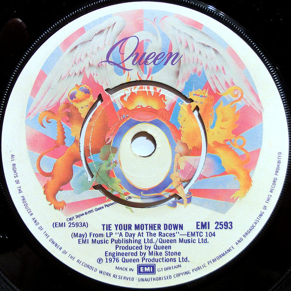Queen ‎– Tie Your Mother Down - Vinyl 7", 45 RPM, Single, Pushout Centre, UK 1977 (USED VG)