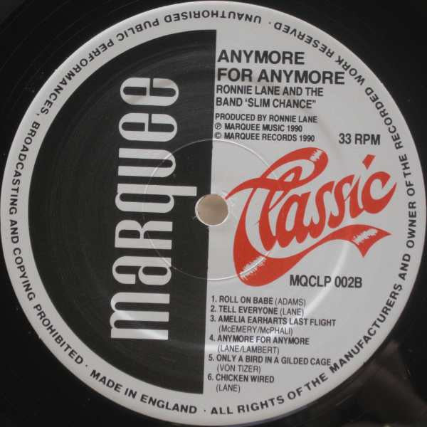 Ronnie Lane & Slim Chance ‎– Anymore For Anymore - Vinyl LP, Album, Reissue, UK 1990 (USED VG+)