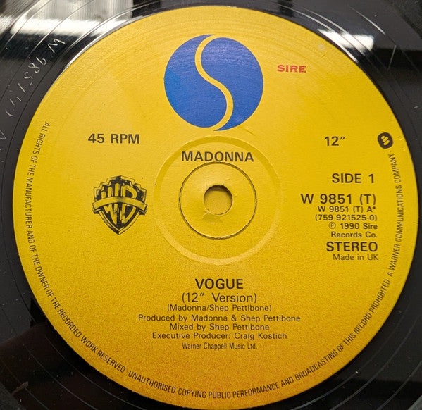 Madonna ‎– Vogue - Vinyl 12", 45 RPM, Single, Stereo, PR Pressing, UK 1990 (USED VG)