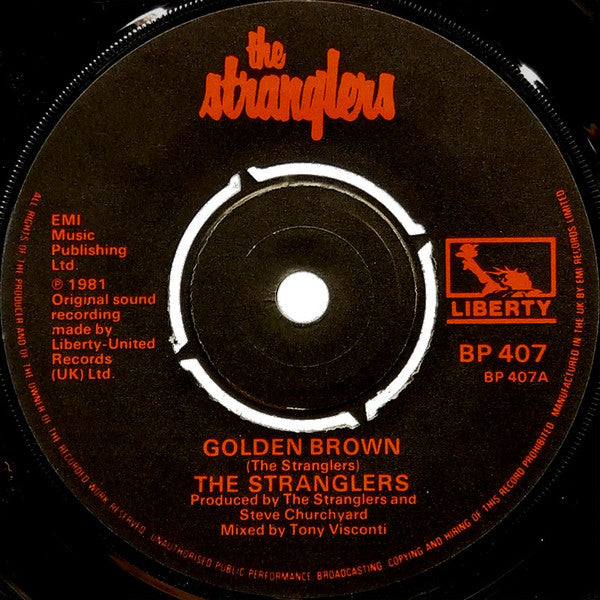 The Stranglers – Golden Brown - Vinyl 7", 45 RPM, Single, White Lettering, Knock-out Centre, UK 1982 (USED VG+)