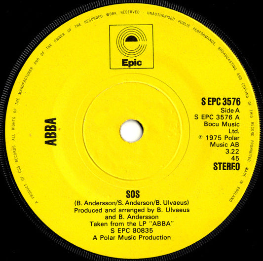 ABBA ‎- SOS - Vinyl 7", 45 RPM, Single, Stereo, Solid Centre, UK 1975 (USED VG)