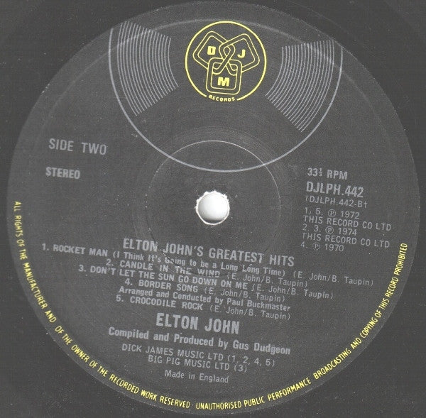 Elton John ‎– Greatest Hits - Vinyl LP, Compilation, Stereo, UK 1974 (USED NM)