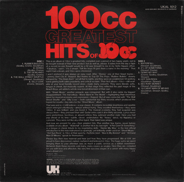 10cc ‎– 100cc Greatest Hits Of 10cc - Vinyl LP, Compilation, UK 1975 (USED NM)