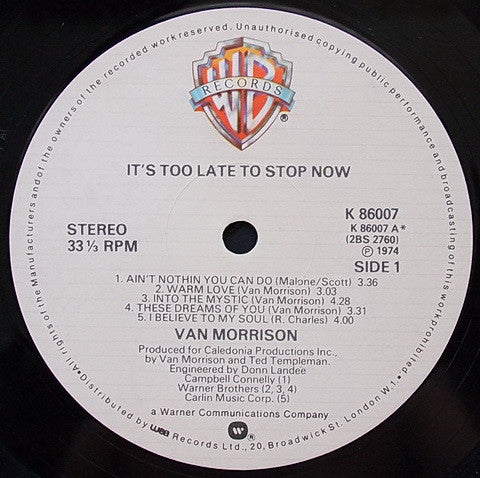 Van Morrison - Its Too Late To Stop Now - 2x Vinyl LP, Album (USED VG+)