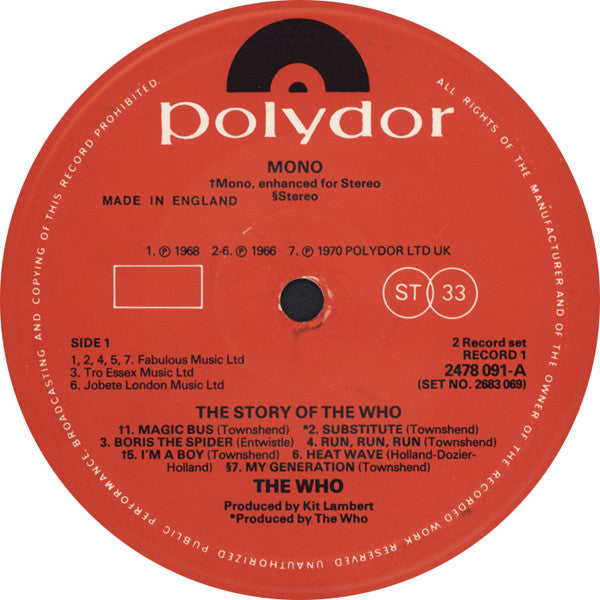 The Who ‎– The Story Of The Who - 2 × Vinyl LP, Compilation, Stereo, Mono, UK 1976 (USED VG+)