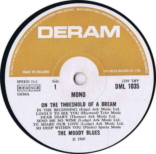 The Moody Blues ‎– On The Threshold Of A Dream - Vinyl LP, Album, Mono, Label Variation, UK 1969 (USED VG)