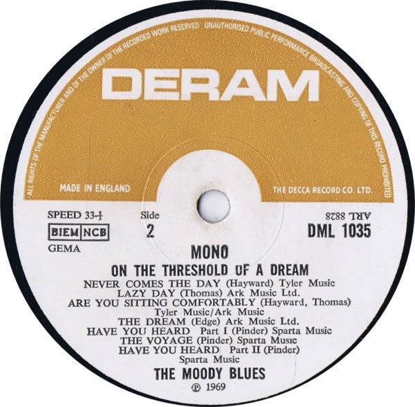 The Moody Blues ‎– On The Threshold Of A Dream - Vinyl LP, Album, Mono, Label Variation, UK 1969 (USED VG)