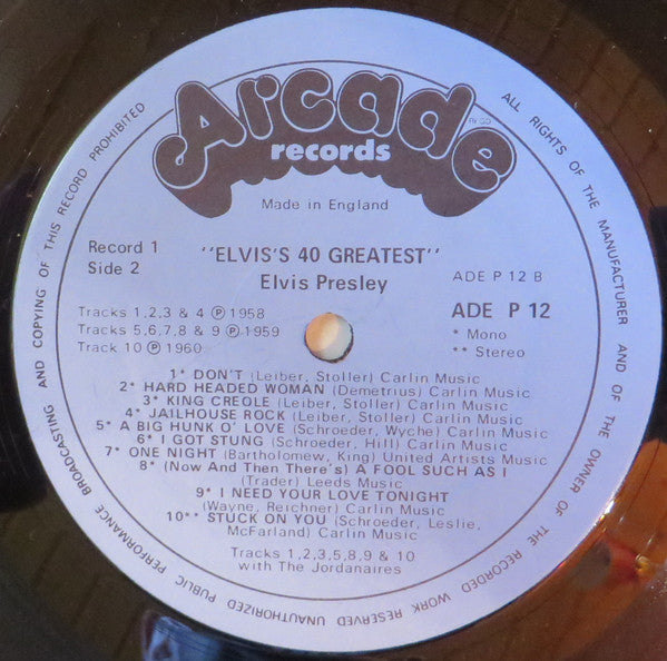 Elvis ‎– 40 Greatest Hits - 2 × Vinyl LP, Compilation, Reissue, Stereo, Mono, Gatefold, Blue Label, UK 1975 (USED VG)