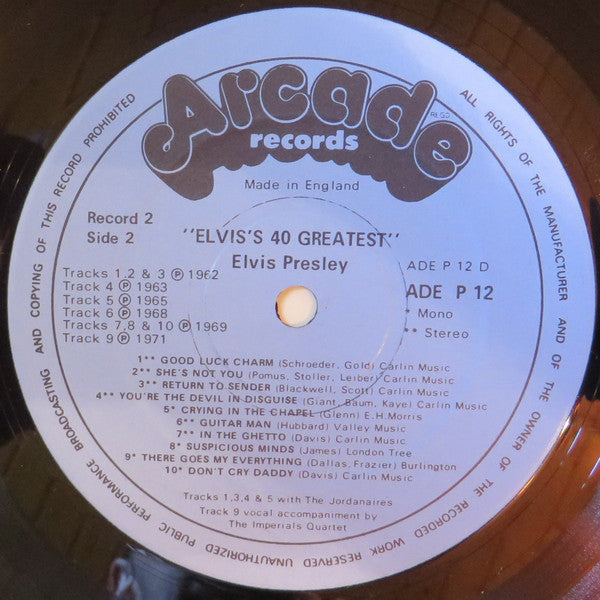 Elvis ‎– 40 Greatest Hits - 2 × Vinyl LP, Compilation, Reissue, Stereo, Mono, Gatefold, Blue Label, UK 1975 (USED VG)
