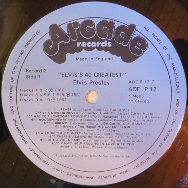 Elvis ‎– 40 Greatest Hits - 2 × Vinyl LP, Compilation, Reissue, Stereo, Mono, Gatefold, Blue Label, UK 1975 (USED VG)