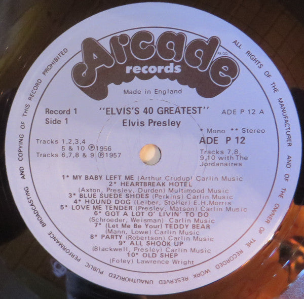 Elvis ‎– 40 Greatest Hits - 2 × Vinyl LP, Compilation, Reissue, Stereo, Mono, Gatefold, Blue Label, UK 1975 (USED VG)
