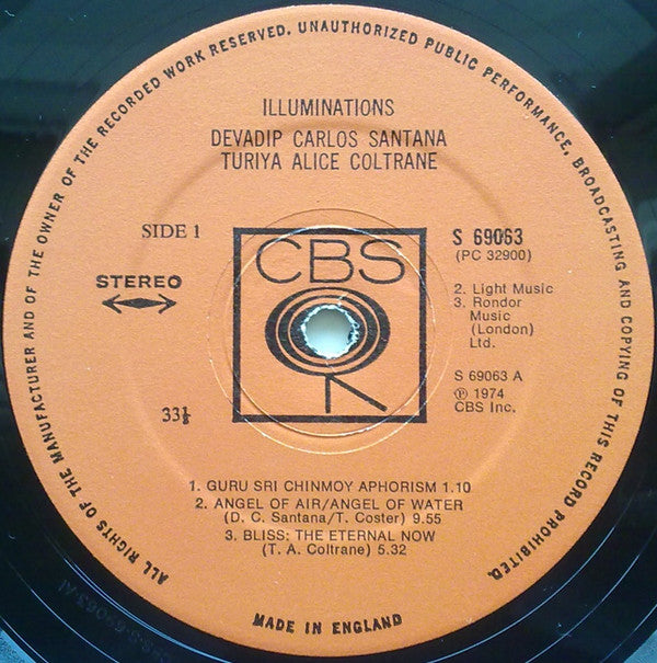 Devadip Carlos Santana, Turiya Alice Coltrane ‎– Illuminations - Vinyl LP, Album, Stereo, UK 1974 (USED VG)