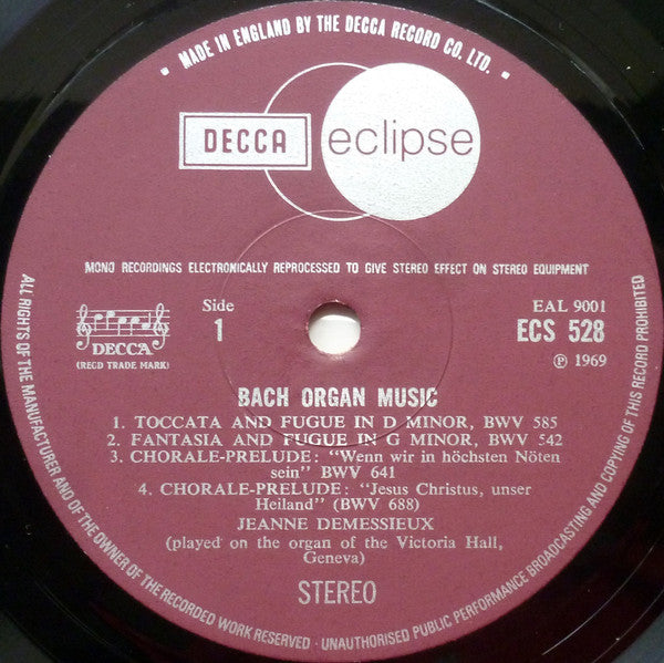 Bach, Jeanne Demessieux – Bach Organ Music - Vinyl LP, Compilation, Reissue, Remastered, Stereo, UK 1970 (USED VG+)