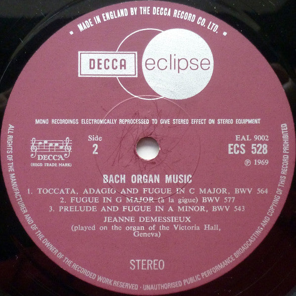 Bach, Jeanne Demessieux – Bach Organ Music - Vinyl LP, Compilation, Reissue, Remastered, Stereo, UK 1970 (USED VG+)