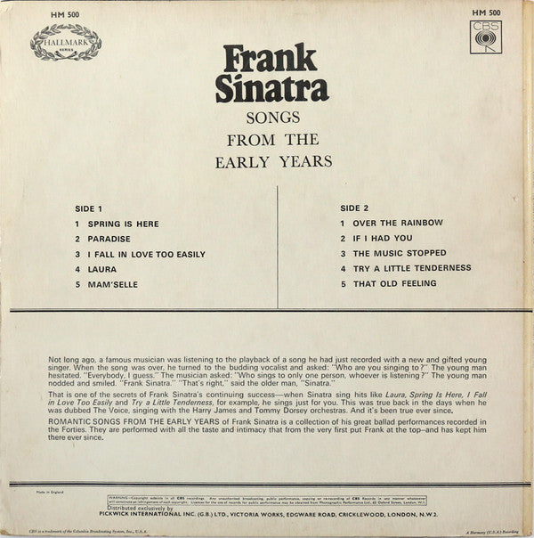 Frank Sinatra ‎- Romantic Songs From The Early Years - Vinyl LP, Compilation, UK 1967 (USED NM)