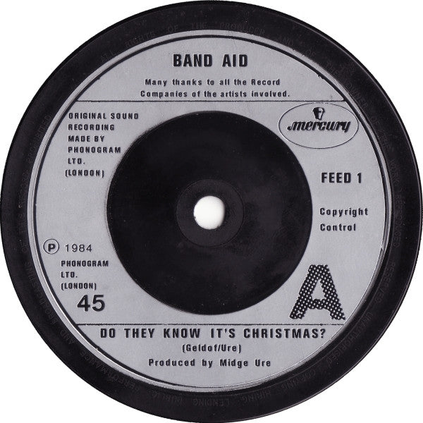 Band Aid ‎– Do They Know It's Christmas? - Vinyl 7", 45 RPM, Single, Silver Injection Labels, UK 1984 (USED VG+)