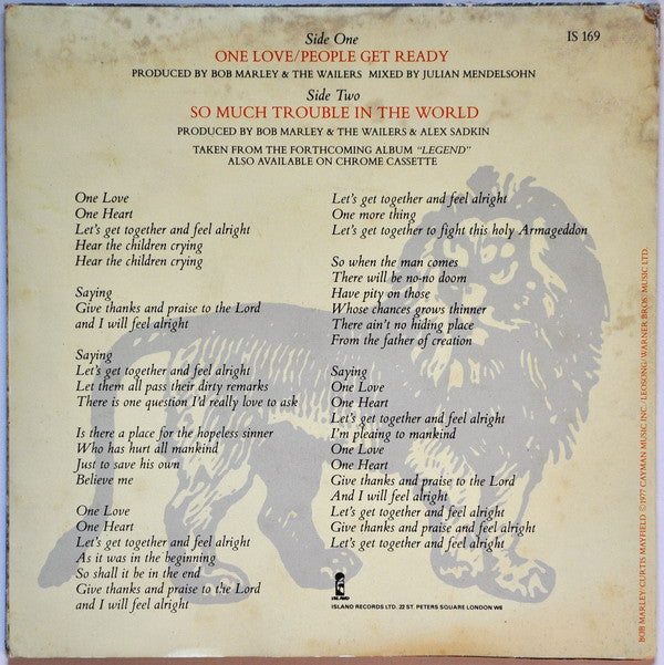 Bob Marley And The Wailers ‎– One Love / People Get Ready - Vinyl 7", 45 RPM, Single, Stereo, Poster Bag, UK 1984 (USED VG+)