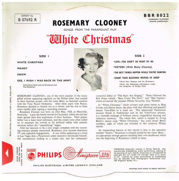 Rosemary Clooney ‎– In Songs From The Paramount Pictures Production Of Irving Berlin's White Christmas - Vinyl, LP, 10", Mono, UK 1954 (USED VG)