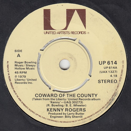 Kenny Rogers ‎- Coward Of The County - Vinyl 7", 45 RPM, Single, Stereo, 4 Prong Pushout, UK 1980 (USED VG+)