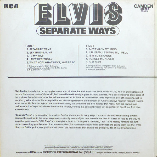 Elvis ‎– Separate Ways - Vinyl LP, Compilation, UK 1973 (USED VG+)