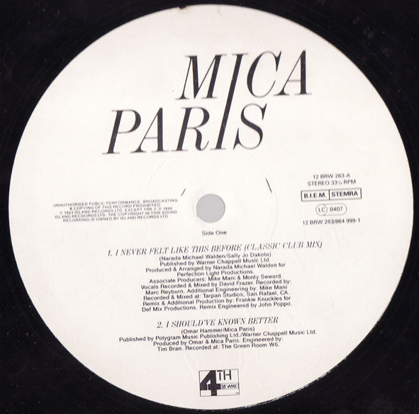 Mica Paris – I Never Felt Like This Before - Vinyl 12", 33 ⅓ RPM, Stereo, UK 1993 (USED VG+)