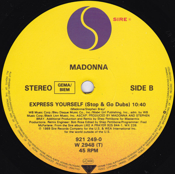 Madonna ‎– Express Yourself - Vinyl 12", 45 RPM, Maxi-Single, Stereo, Europe 1989 (USED VG)