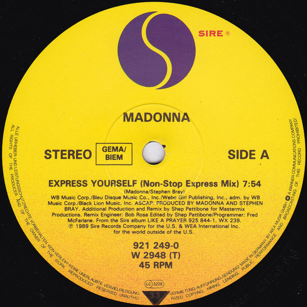 Madonna ‎– Express Yourself - Vinyl 12", 45 RPM, Maxi-Single, Stereo, Europe 1989 (USED VG)