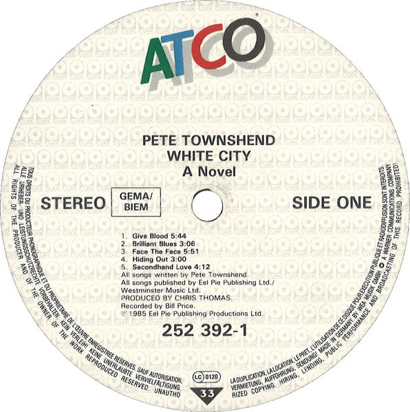 Pete Townshend – White City (A Novel) - 	Vinyl LP, Album, Stereo, Europe 1985 (USED VG+)