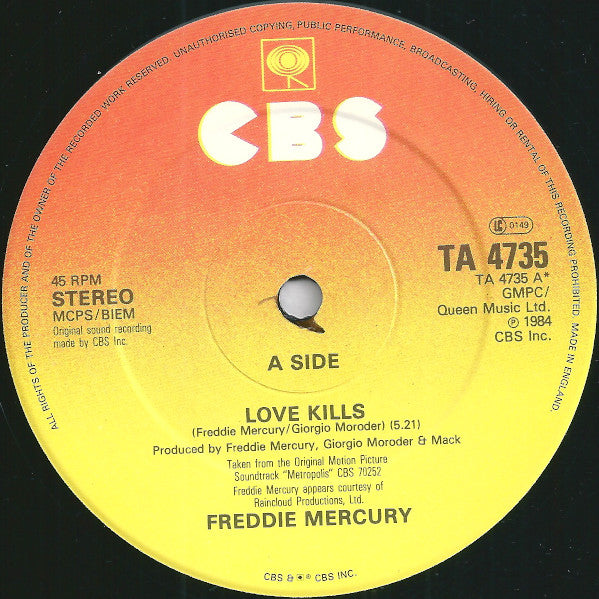 Freddie Mercury ‎- Love Kills - Vinyl 12", 45 RPM, Single, Stereo, UK 1984 (USED VG+)