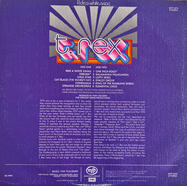 T. Rex – Ride A White Swan - Vinyl LP, Compilation, Stereo, Textured, UK 1972 (USED VG)