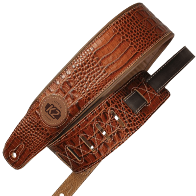 K2 Leather Top Guitar Strap 3", Crocodile Brown
