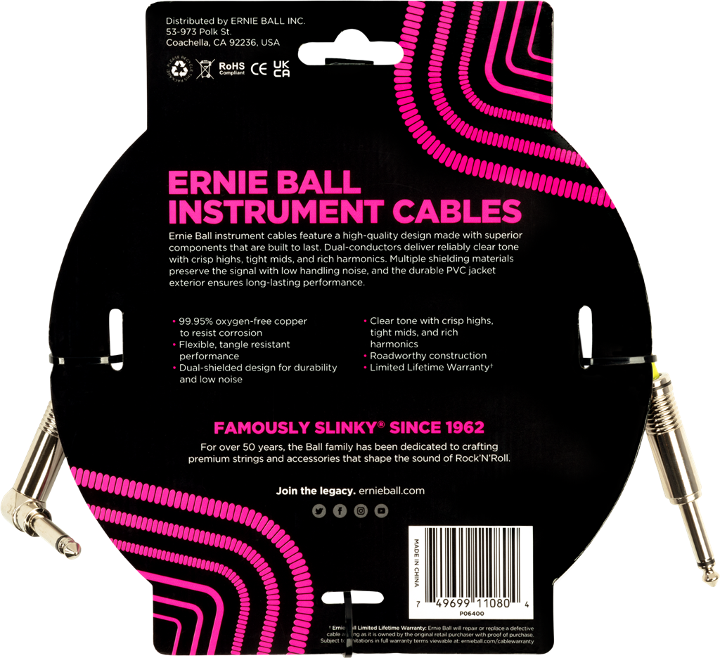 Ernie Ball PVC Instrument Cable Straight/Angle 15ft, White