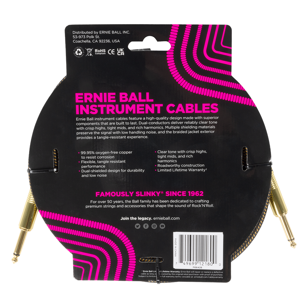 Ernie Ball Braided Instrument Cable Straight/Straight 10ft, Pay Dirt (Gold)